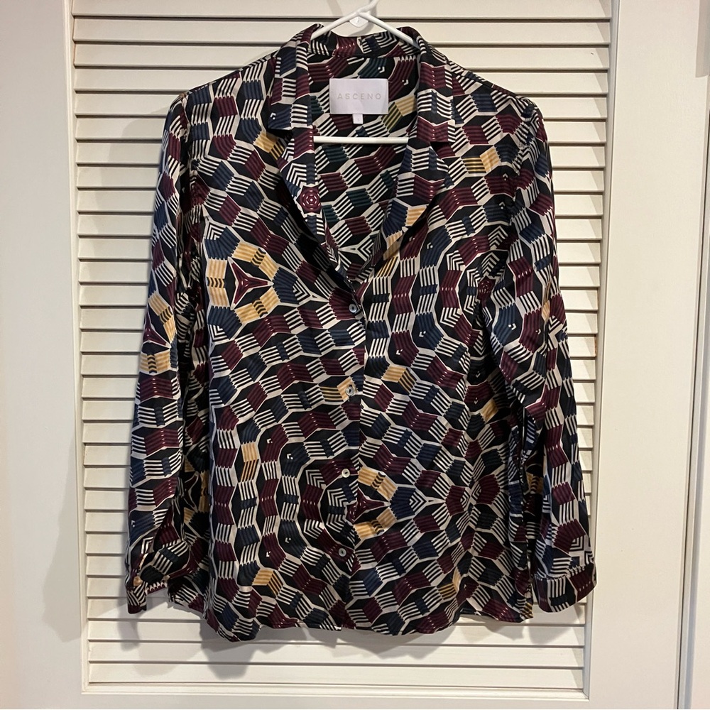 Asceno 100% Silk Blouse Long Sleeve Mother of Pearl Button Down